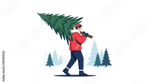 Man carrying a freshly cut Christmas tree on his shoulder while walking through a snowy winter forest landscape.