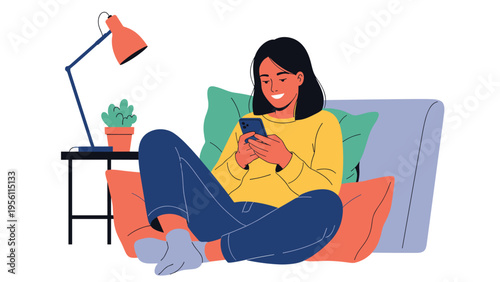 Young woman sitting comfortably on floor cushions at home while browsing on her smartphone by the light of a bedside lamp.