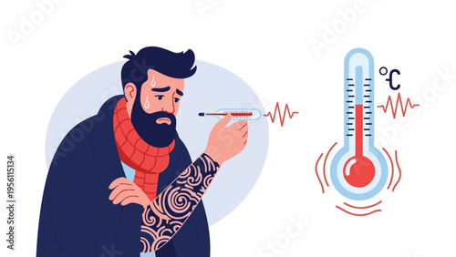 Sick young man with a beard and tattoos feeling unwell and suffering from a high fever as shown by a large clinical thermometer.