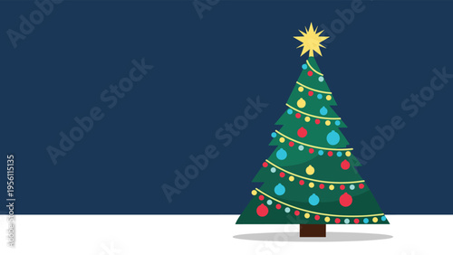 Beautifully decorated Christmas tree with colorful ornaments and a bright star on top against a snowy dark night background.