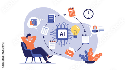 Relaxed man sitting in a chair while artificial intelligence automates his tasks like emails and scheduling at work.