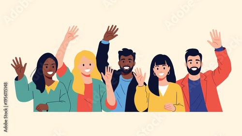 Group of friendly diverse people smiling and waving their hands to say hello or goodbye in a flat design illustration.
