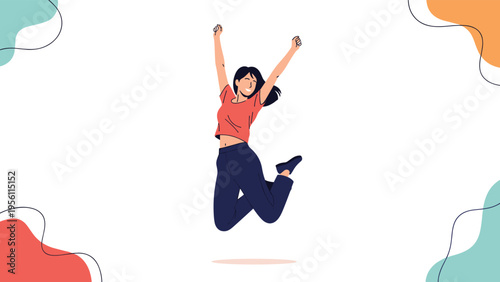 Energetic young woman jumping in the air with arms raised in excitement and celebration against a white background.