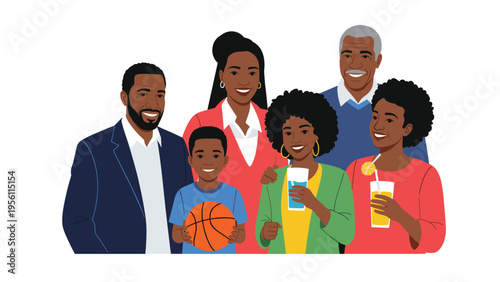 Large and happy multi-generational African American family posing together for a group portrait with smiling faces.