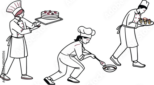 Set of 3 professional chef and baker characters in uniform preparing and serving food vector illustration