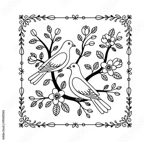 Floral vignette frame with love birds and doves, couple of pigeons in love, floral spring border, arch for wedding, invitation, marriage