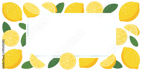 A vibrant rectangular frame decorated with fresh yellow lemons and green leaves for summer design Vector