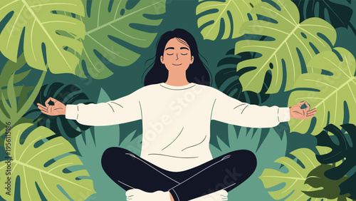 Peaceful young woman practicing meditation in a lotus pose surrounded by lush tropical green leaves for mental health.