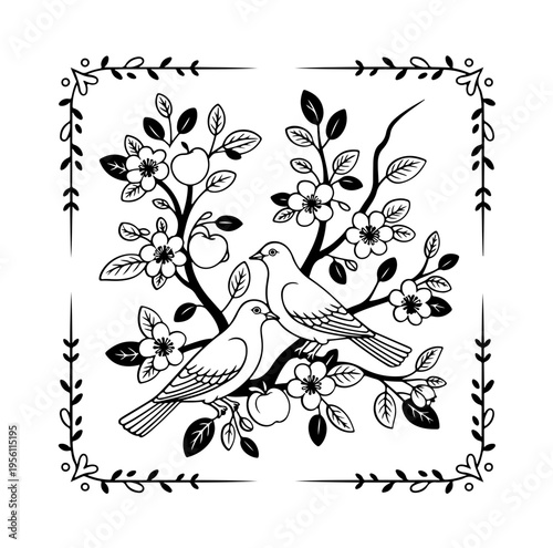 Floral vignette frame with love birds and doves, couple of pigeons in love, floral spring border, arch for wedding, invitation, marriage