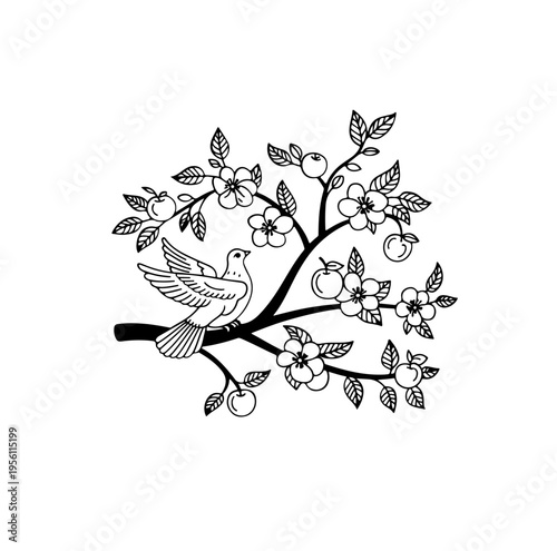 Floral vignette frame with love birds and doves, couple of pigeons in love, floral spring border, arch for wedding, invitation, marriage