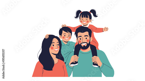 Happy young parents with their son and daughter smiling together for a close family portrait against a white background.