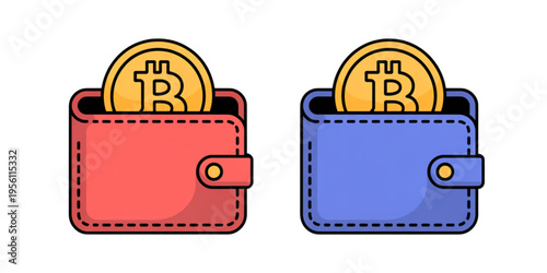 A red and a blue wallet each containing a golden bitcoin coin representing cryptocurrency storage Vector
