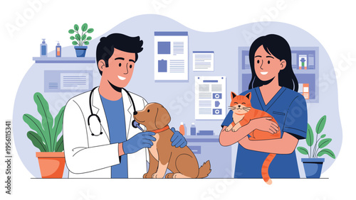 Professional male and female veterinarians examining a small dog and a cat in a well-equipped medical animal clinic.