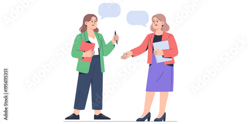 Two professional business women having a productive conversation while holding office stationery Vector