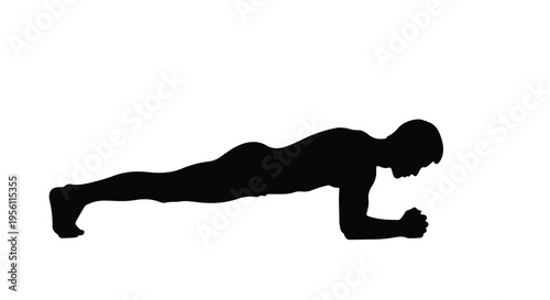 Man doing plank exercise in black silhouette on white background fitness workout routine