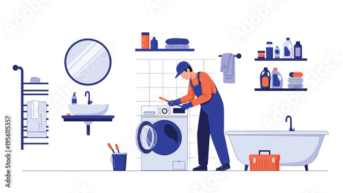 Professional plumber or technician fixing a broken washing machine in a modern bathroom with tools and a toolbox.