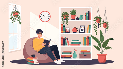 Relaxed young man sitting in a bean bag chair and reading an interesting book in a cozy room filled with many plants.