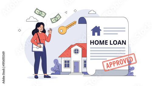 Happy woman celebrating her approved home loan while holding a folder with a key and floating money in the background.