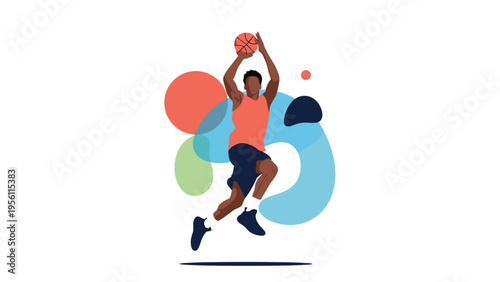 Dynamic illustration of a professional basketball player jumping high in the air to make a perfect shot at the hoop.