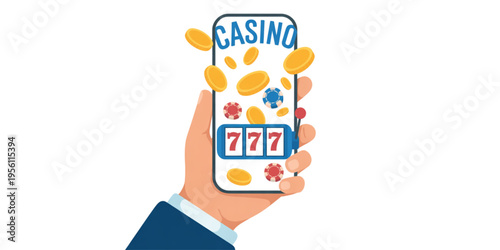 Hand holding a smartphone displaying a digital slot machine game with gold coins and casino chips Vector