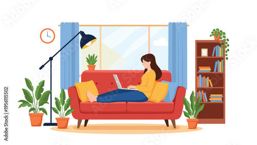 Young woman relaxing on a red sofa and working on her laptop in a cozy living room with many green plants.