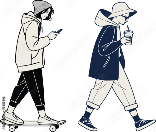 Modern youth lifestyle vector illustration set: girl on skateboard with phone and boy walking with drink