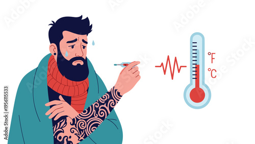 Sick man with a beard and tattoos feeling cold and checking his high body temperature with a thermometer.