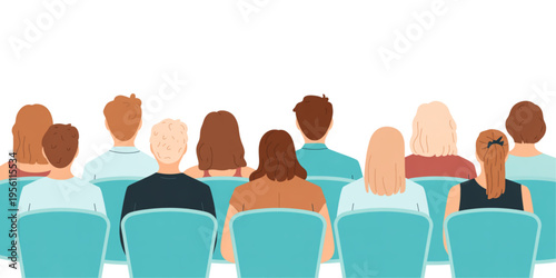 A diverse group of people sitting in a row facing forward and watching an event in an auditorium Vector