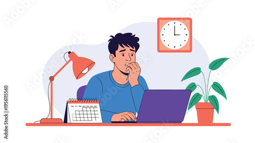Stressed young man sitting at his desk biting his nails and feeling worried about an upcoming work deadline.