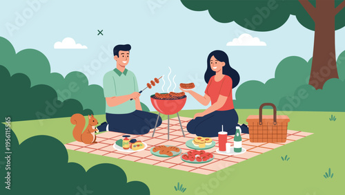 Happy young couple enjoying a delicious barbecue picnic in the park on a beautiful sunny summer afternoon.