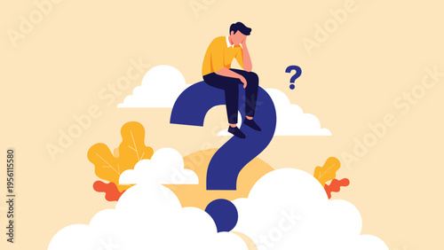 Young man sitting on a large blue question mark symbol feeling confused and searching for the right answers today.