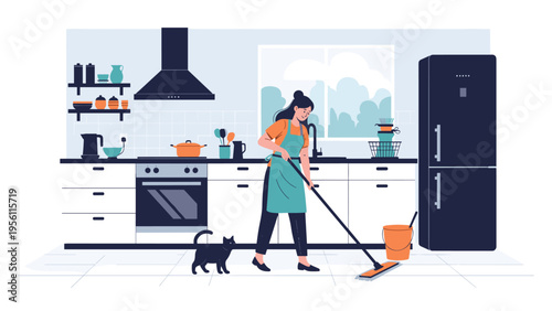 Young woman wearing an apron mopping the floor in a clean and modern kitchen with her cute black pet cat nearby.