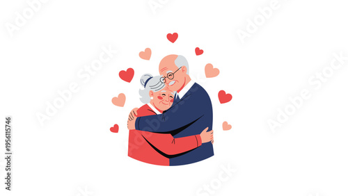 Happy elderly couple hugging each other with many heart symbols representing their long lasting love and care.