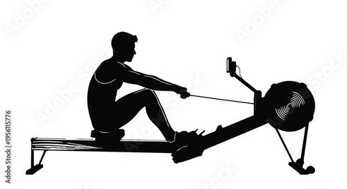 Man exercising on rowing machine in gym fitness equipment silhouette