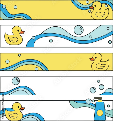 Set of Cute Rubber Duck Bath Time Banners with Soap Bubbles and Water Waves
