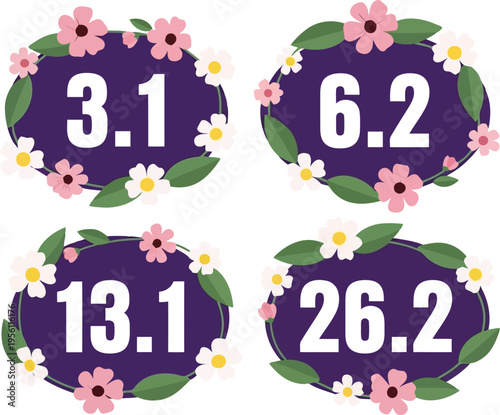 Running Race Distance Badges Set 3.1 6.2 13.1 26.2 with Floral Wreath Decorations