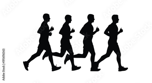 Four people running together in black silhouette on white background fitness exercise sports