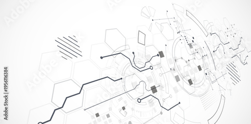 Technological background in gray colors. Used technical lines and a pattern of squares with different shades of gray.