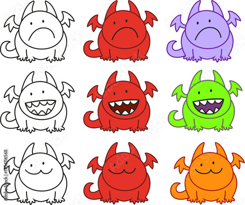 Set of cheerful cartoon dragon character icons, all featuring happy smiling facial expressions and bright colors. Ideal for positive branding, children's educational content, friendly user interfaces,