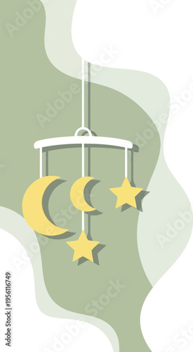 Baby Crib Mobile with Moon and Stars Aesthetic Nursery Decor Illustration