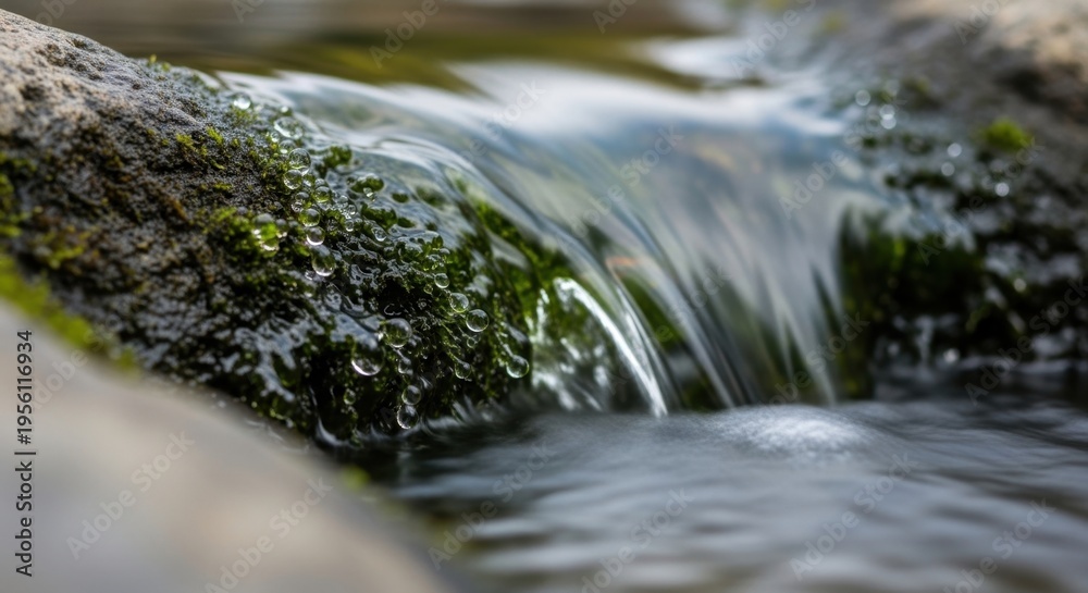 Obraz premium Close-up of clear water flowing over mossy rocks in a serene natural stream.