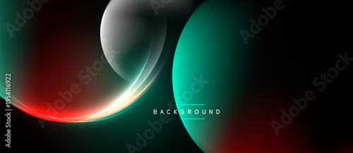 Abstract design features flowing curves, vibrant colors. Dark background enhances luminosity, creating modern aesthetic. Smooth gradients dominate composition.