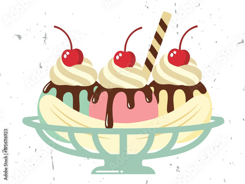 Banana Split Ice Cream Sundae with Chocolate Sauce and Cherries Vector Illustration