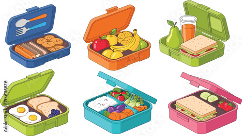 Collection of six colorful lunchboxes filled with healthy meals including sandwiches, fruits, vegetables, eggs, toast, and cottage cheese for nutrition and meal planning