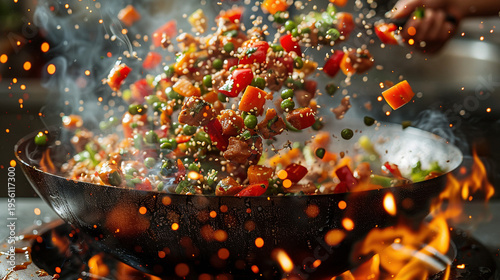 Slow-motion Chef Tossing Wok Ingredients with Flames