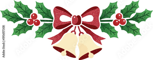 Christmas Holly and Jingle Bells Decorative Element with Red Ribbon Bow Isolated on White