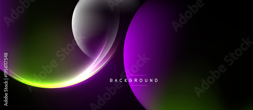 Abstract background features flowing curves, vibrant purple, green hues. Dark space dominates composition, creating dynamic visual effect.