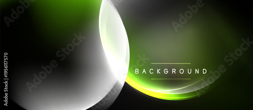 Abstract background features vibrant green, yellow glows. Smooth shapes create dynamic visual effect. Dark space dominates composition.