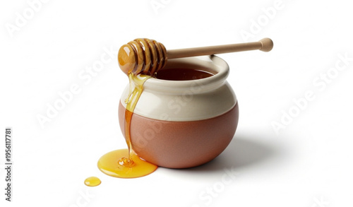 Rustic Honey Pot with Wooden Dipper and Golden Honey Vector Illustration
