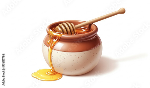 Rustic Honey Pot with Wooden Dipper and Golden Honey Vector Illustration